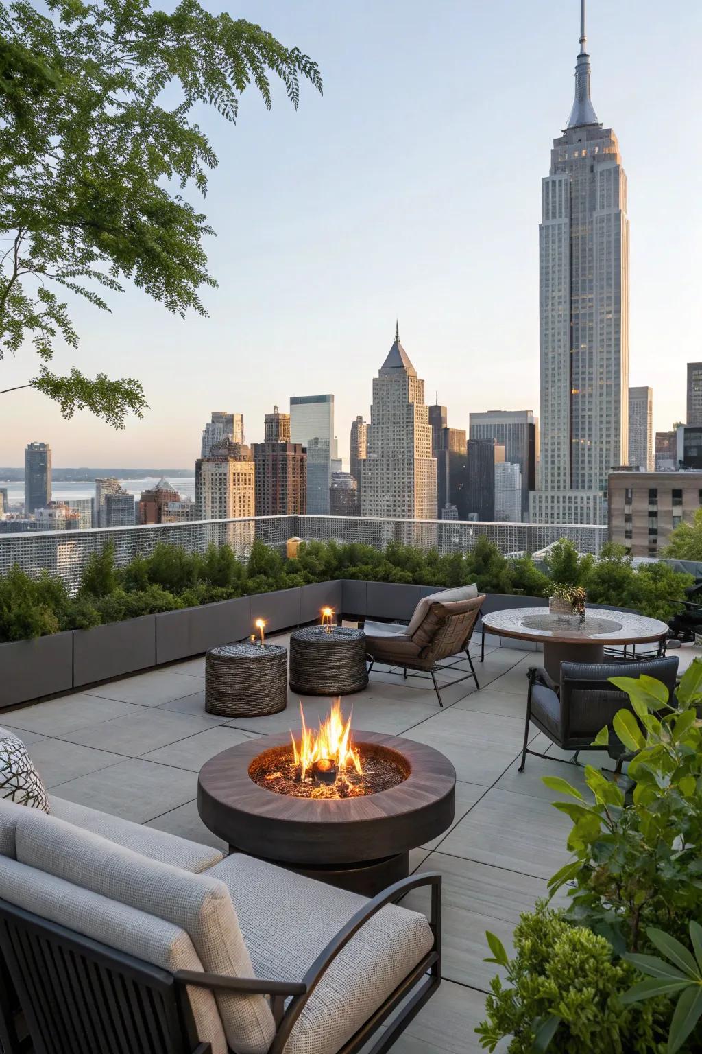 A hearth centerpiece injects warmth and serves as a focal point on your rooftop.