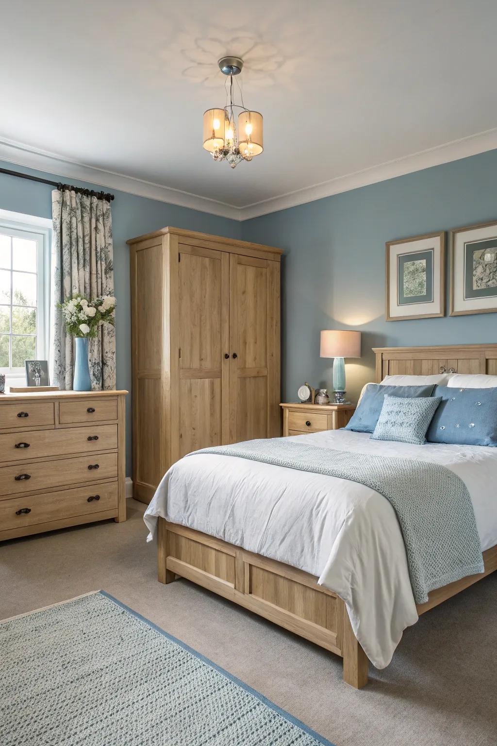 A serene bedroom featuring relaxed azure hues and pale oak highlights.