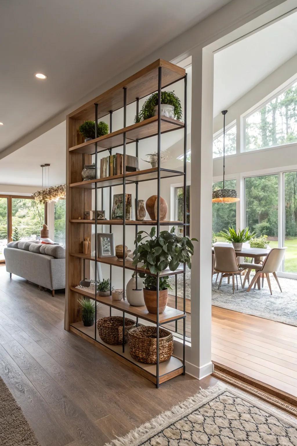 Open shelving partitions blend utility with panache, making them suitable for any residence.