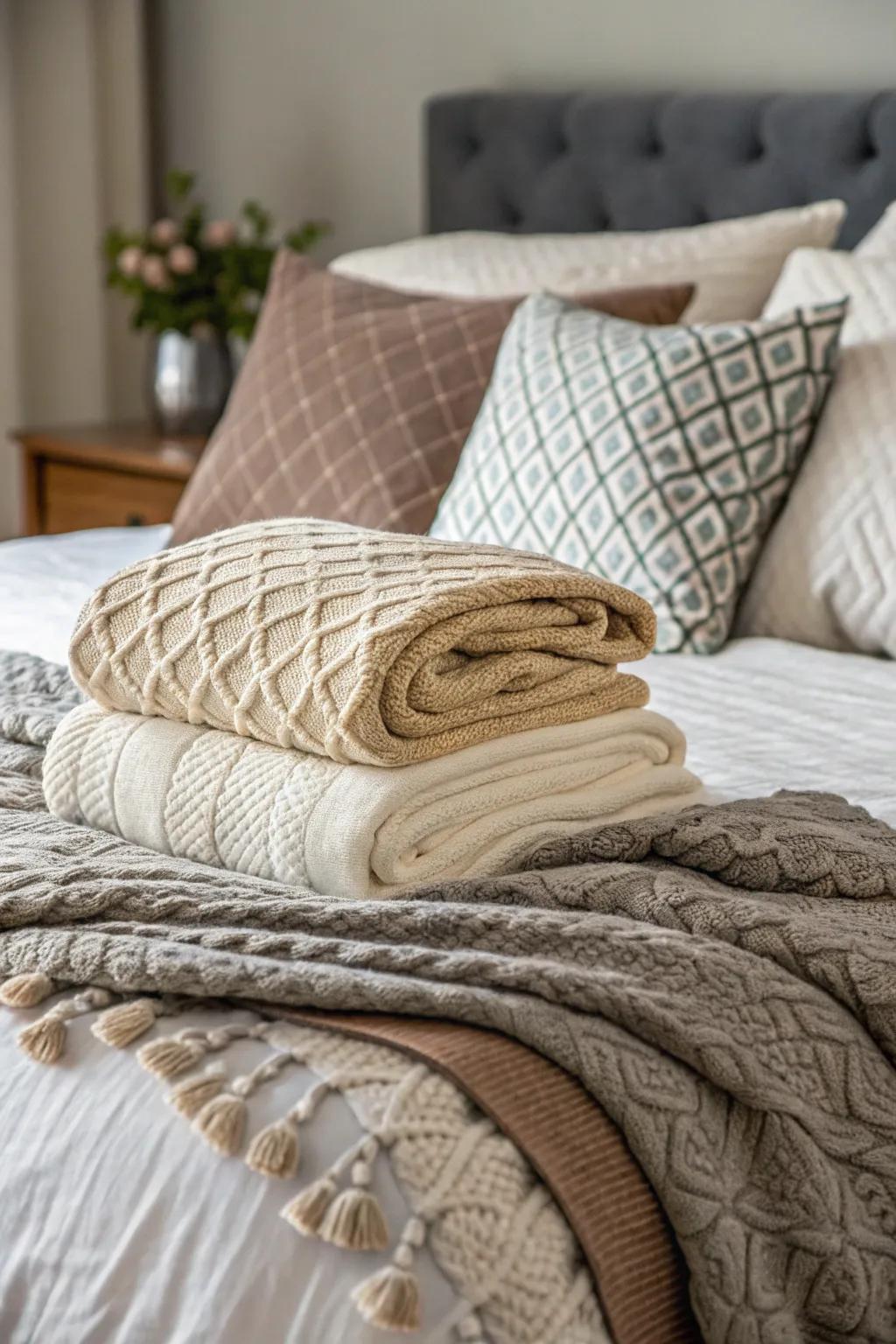 Textured bed linens introduce comfort and coziness.