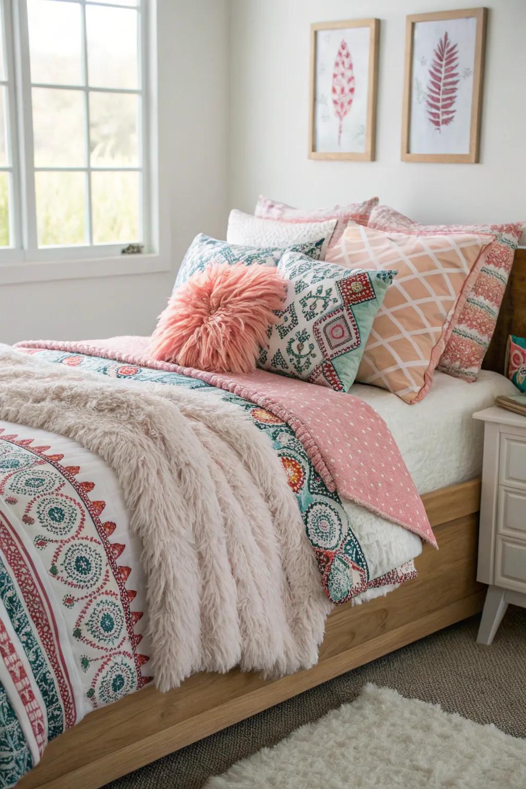 Layered bedding establishes a snug and inviting vibe.