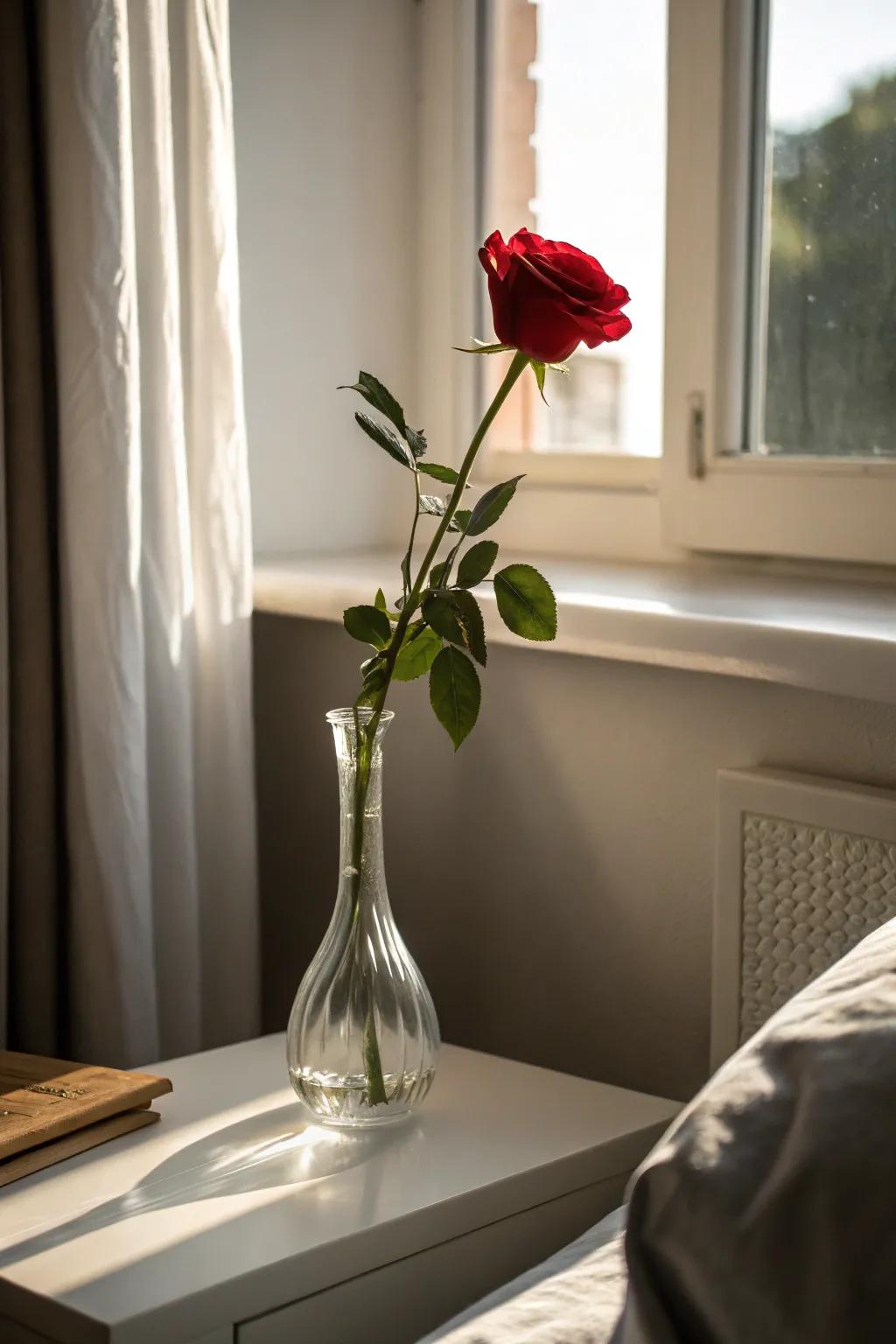 Refined uncomplicatedness by way of a solitary rose situated inside a slender vessel.