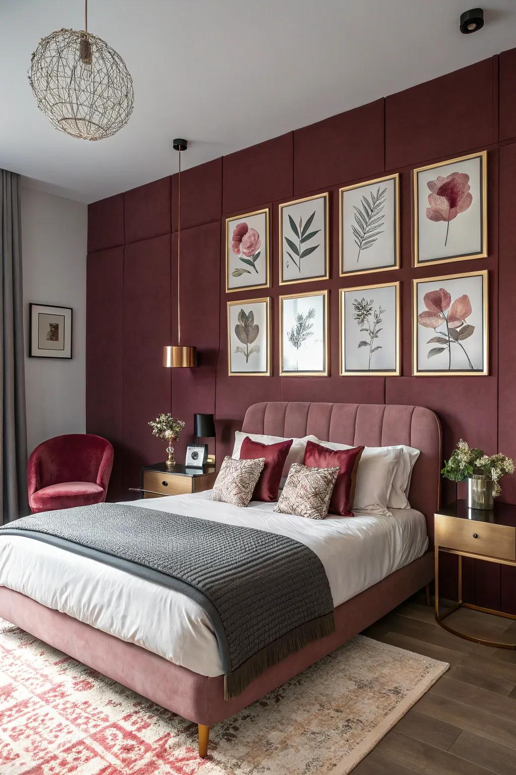 A burgundy accent wall acts as a striking setting for rose gold decor.