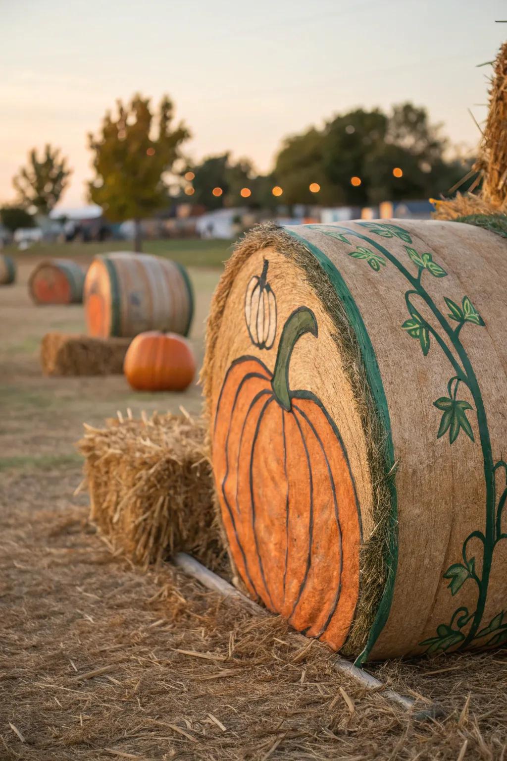 Transform hay bales into giant pumpkins to create an enchanting autumn pumpkin display.