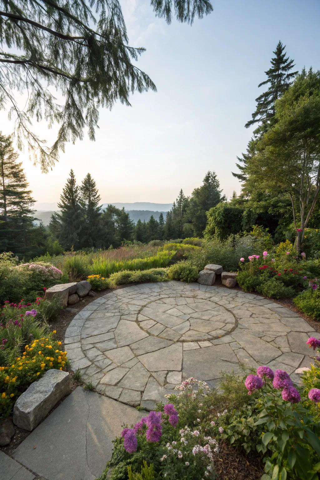 Natural stone lends an air of sophistication to this circular patio.