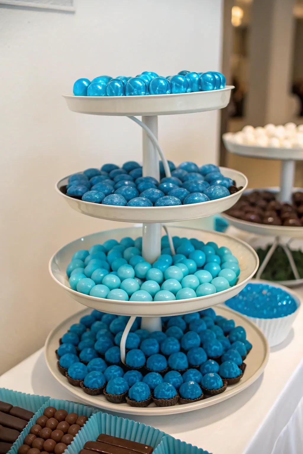 An attention-grabbing sweet setup featuring multi-tiered stands that contribute both height and measurement.
