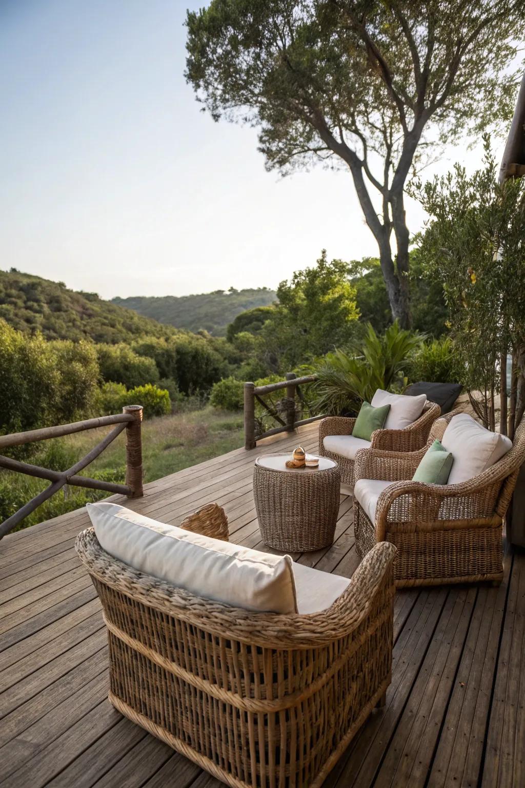 Plush cushions and wicker furnishings amplify the cozy atmosphere of this deck.