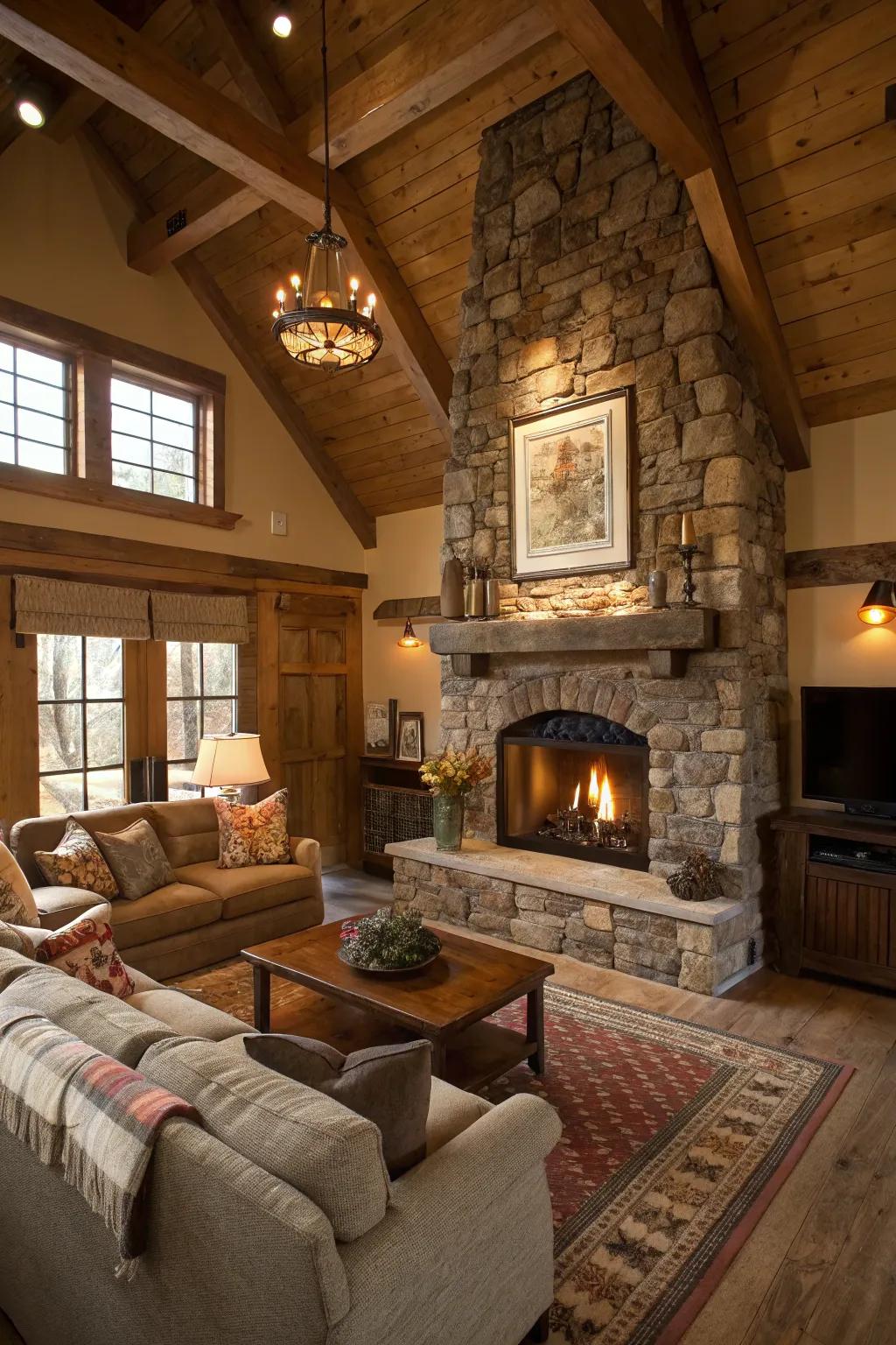 A stone fireplace stands as the welcoming heart of any rural living space.