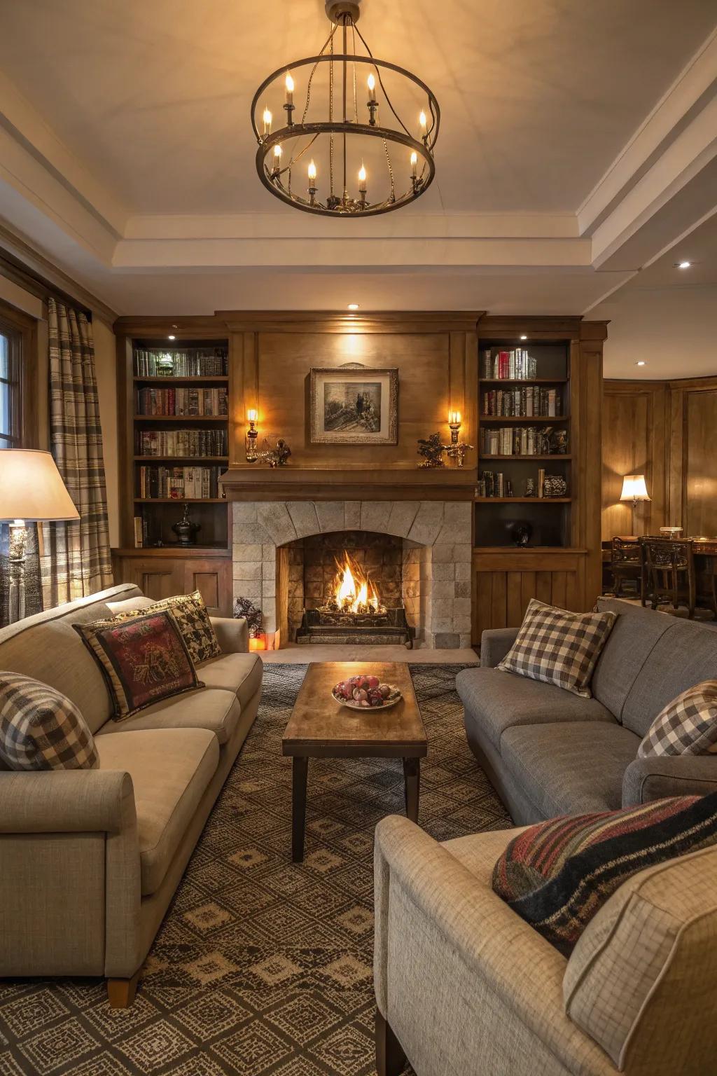 A comfortable lounge space centered around a stone hearth, ideal for relaxation.