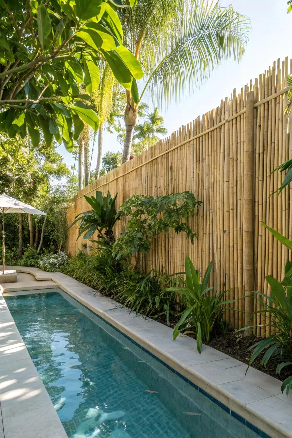 A bamboo fence offering a tropical atmosphere around the pool.