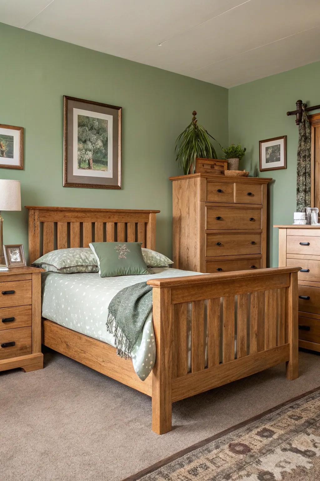Distressed timber furnishings inject character and historical depth into the bedroom.