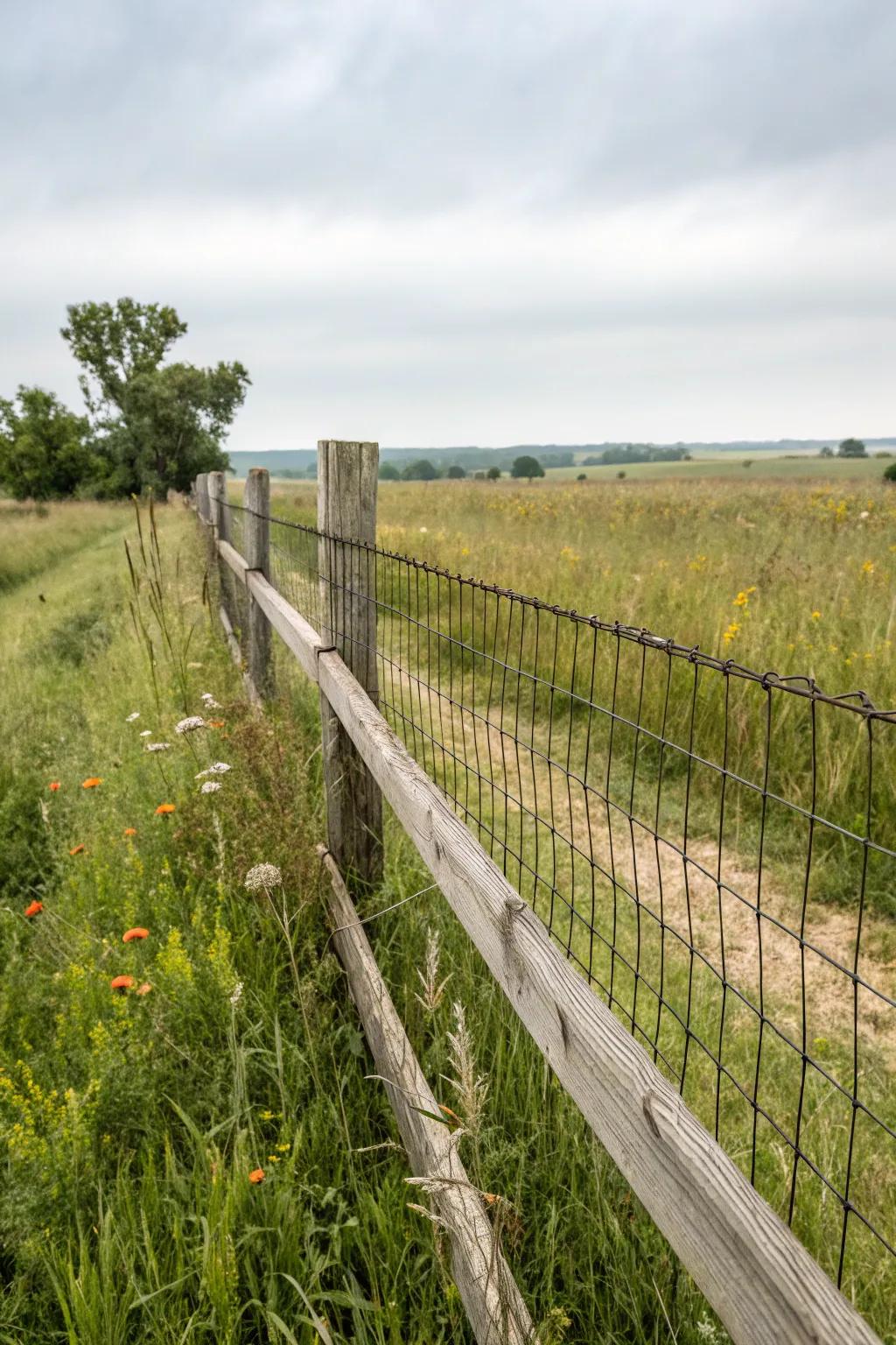 A functional split rail fence enhanced with wire mesh for added security.