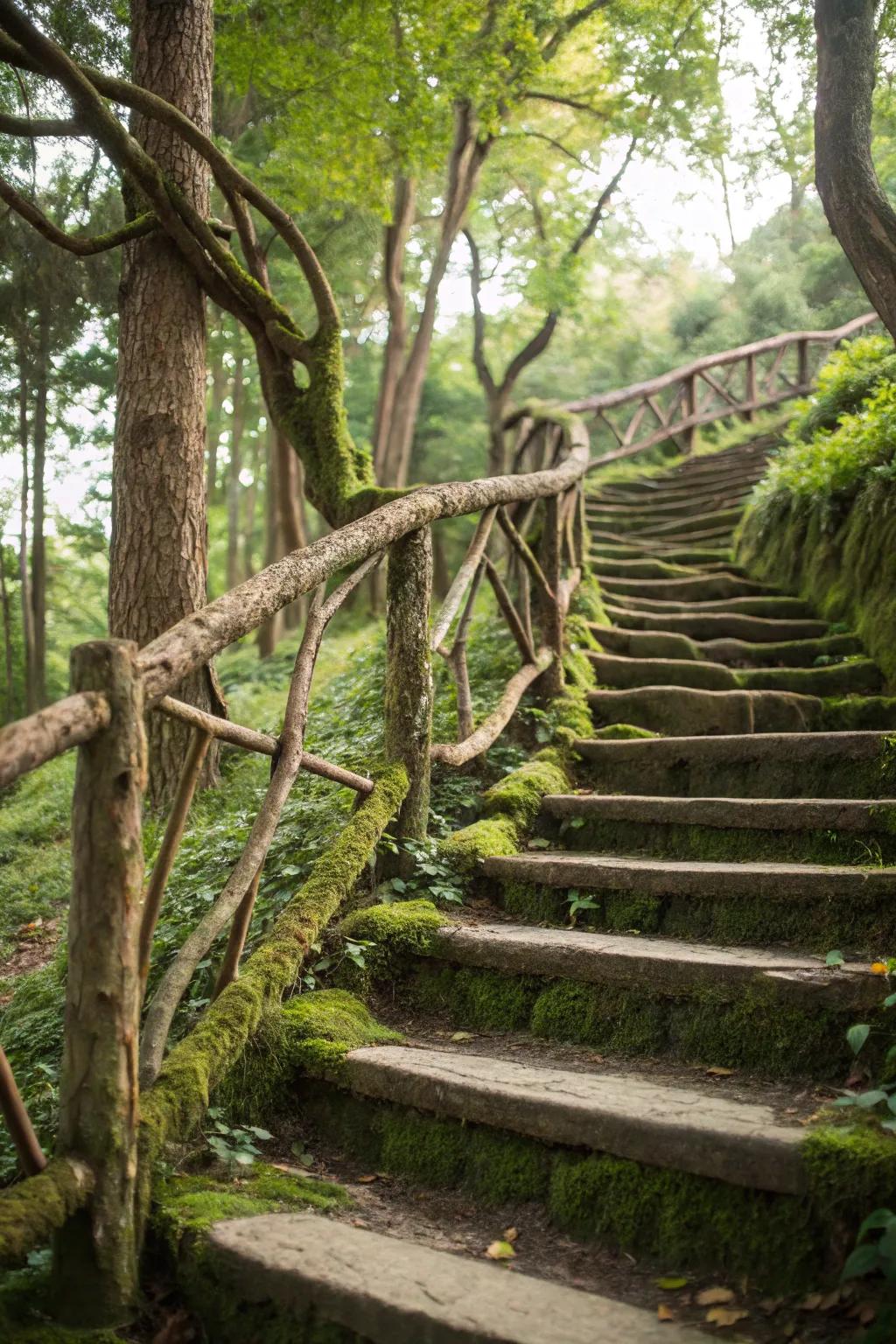 A stair railing design employing real tree limbs for an organic impression.