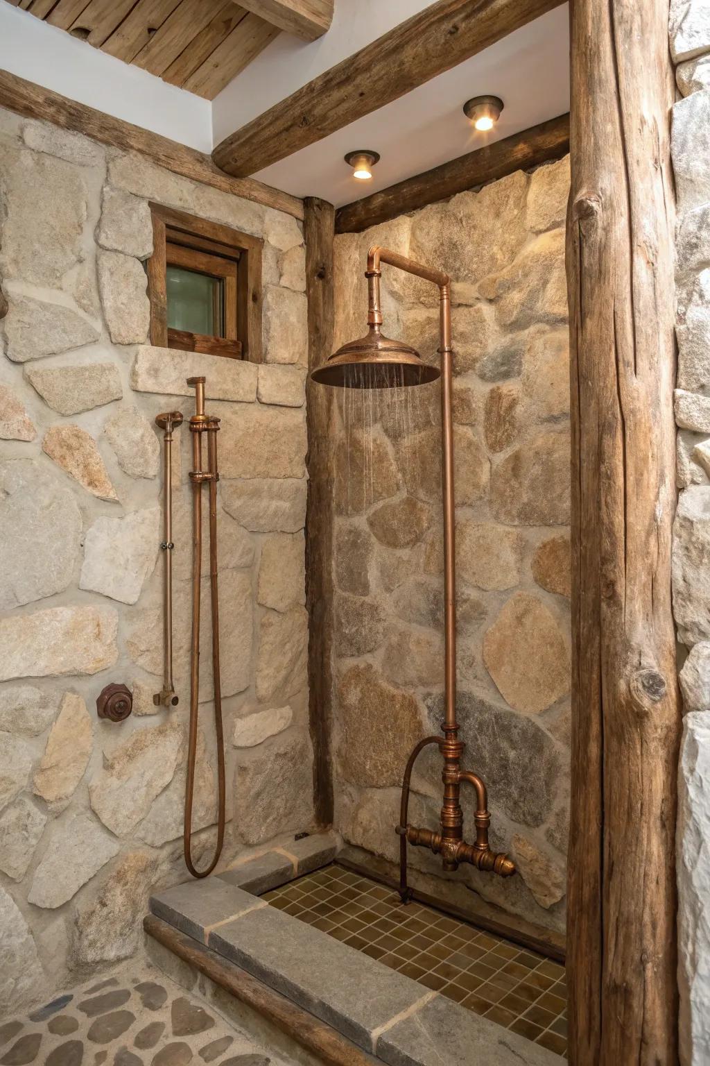A rustic shower featuring copper fixtures that add a vintage charm to the space.