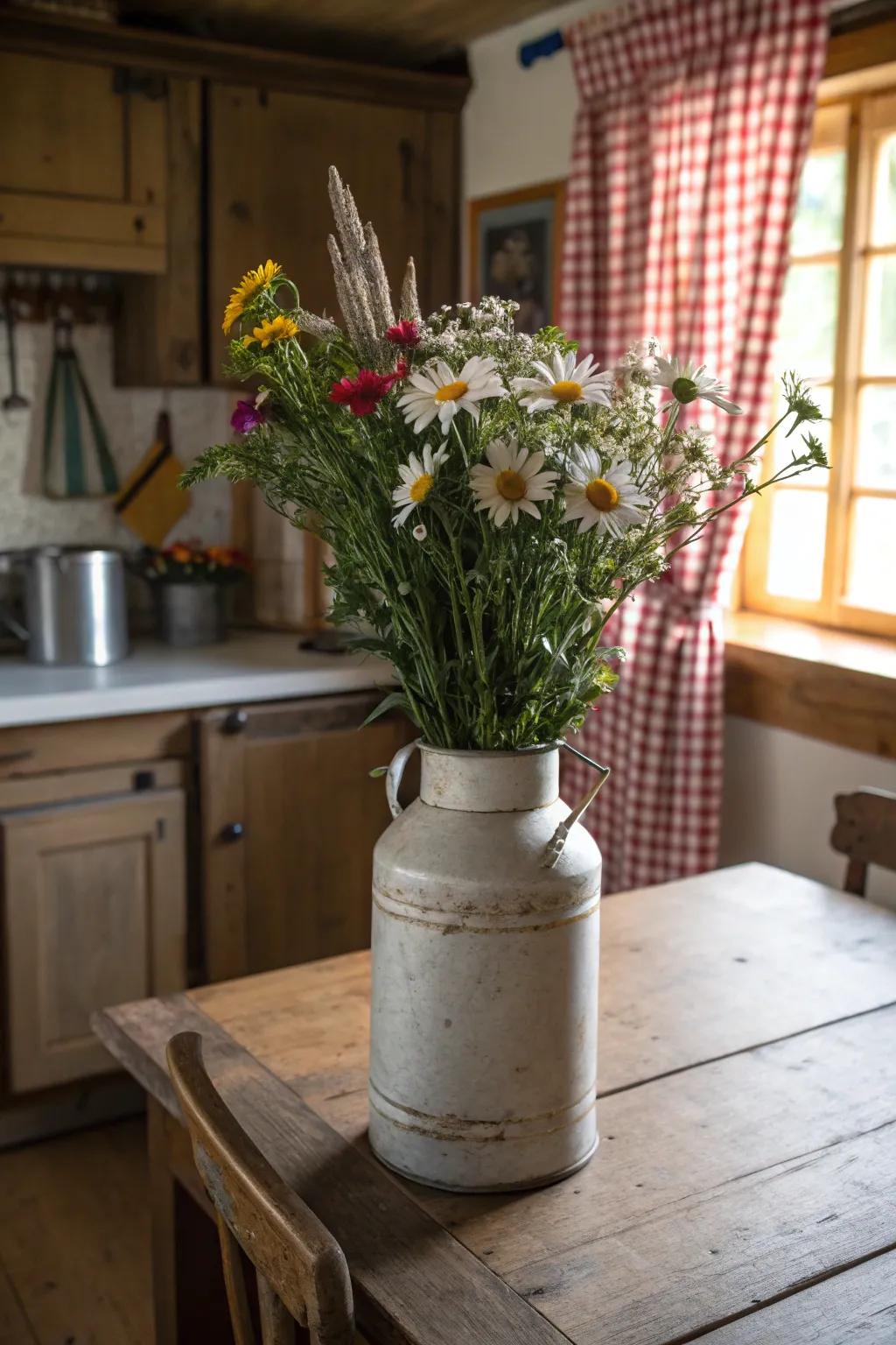 Vintage milk cans serve as distinctive and striking vases.