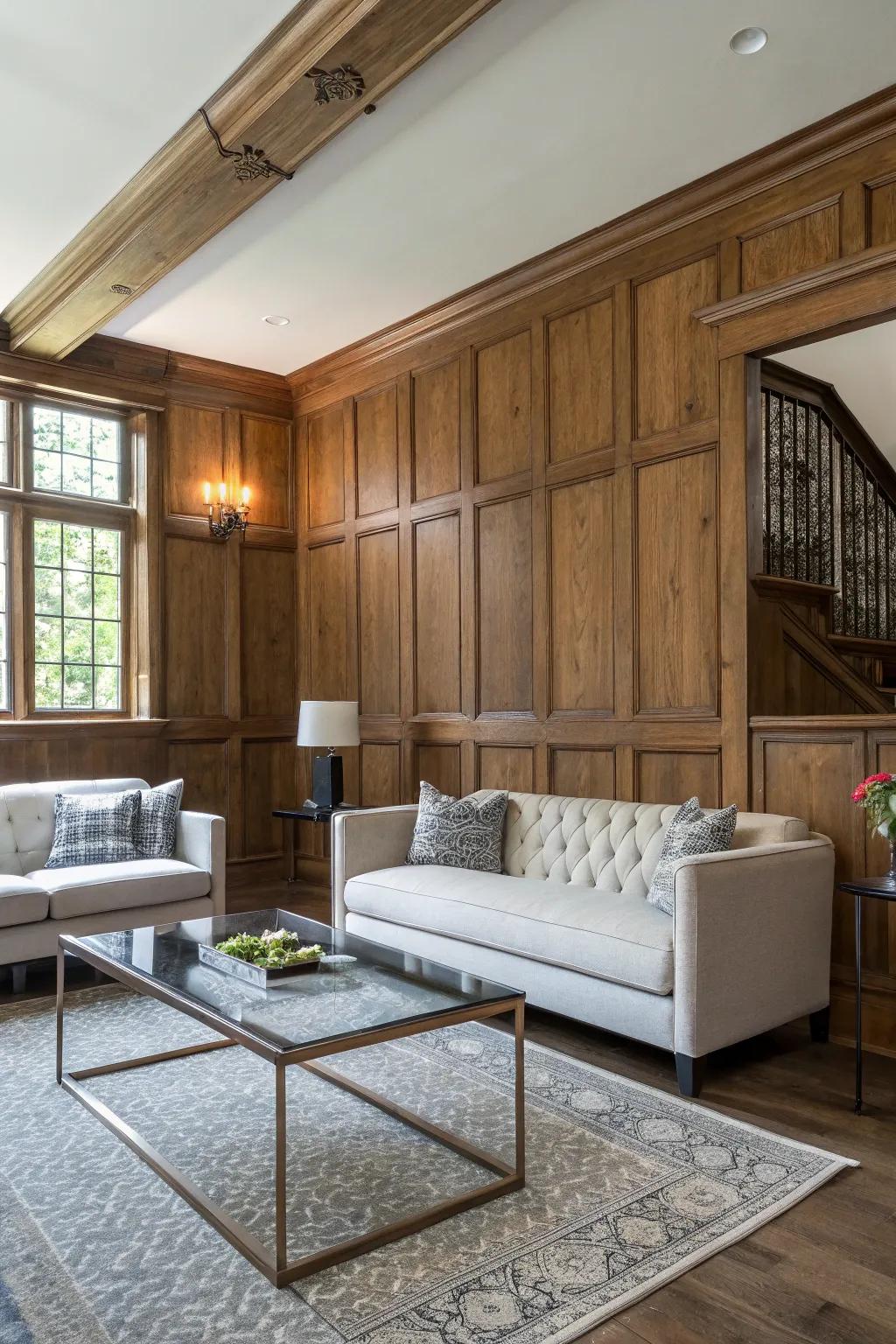 A harmonious blend of modern and rustic design elements with wainscoting.