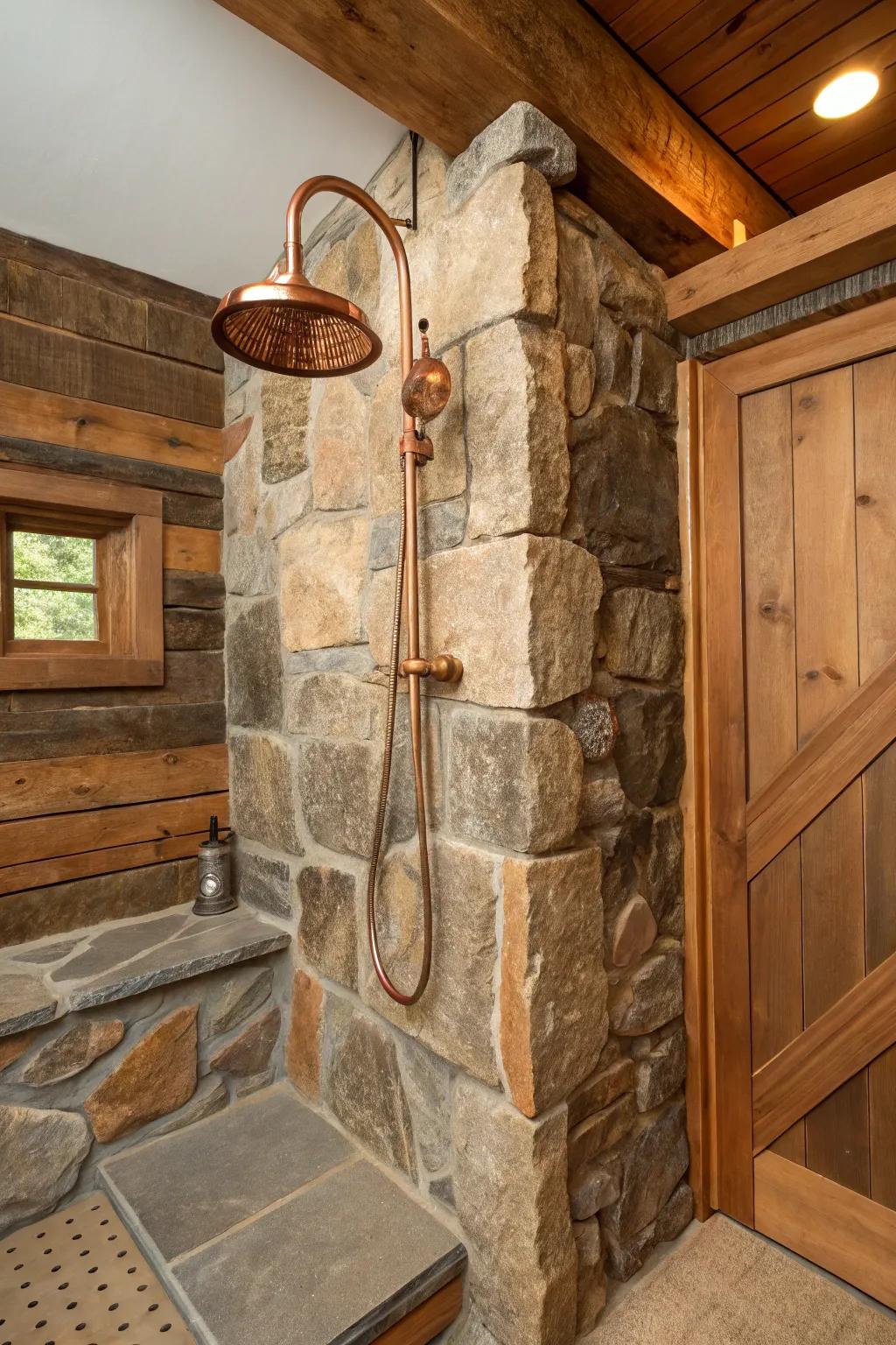 Metal alloy fixtures harmonize effortlessly with rustic materials.