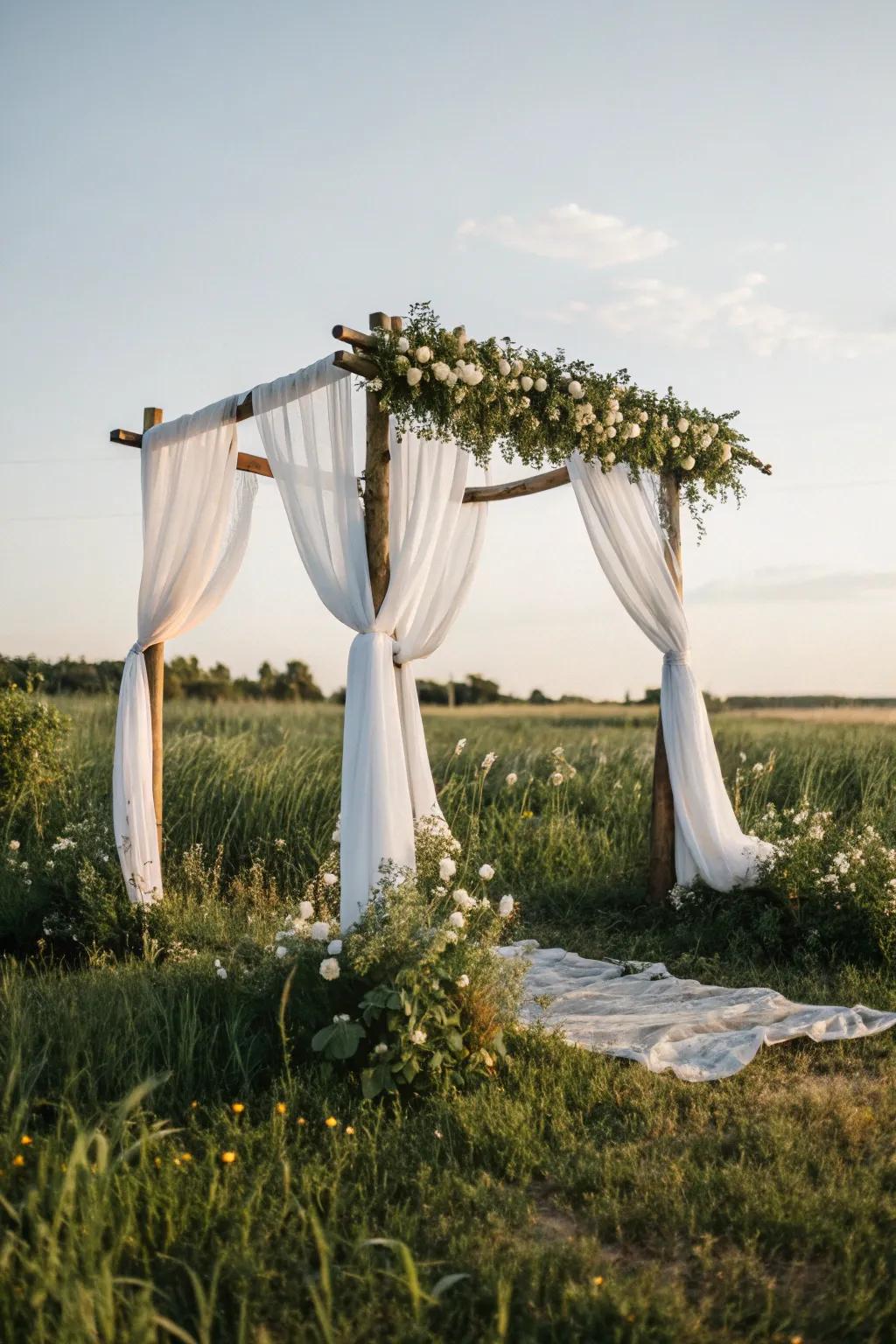 An arch elegantly swathed in soft fabric, setting the stage for a dreamy outdoor vow exchange.
