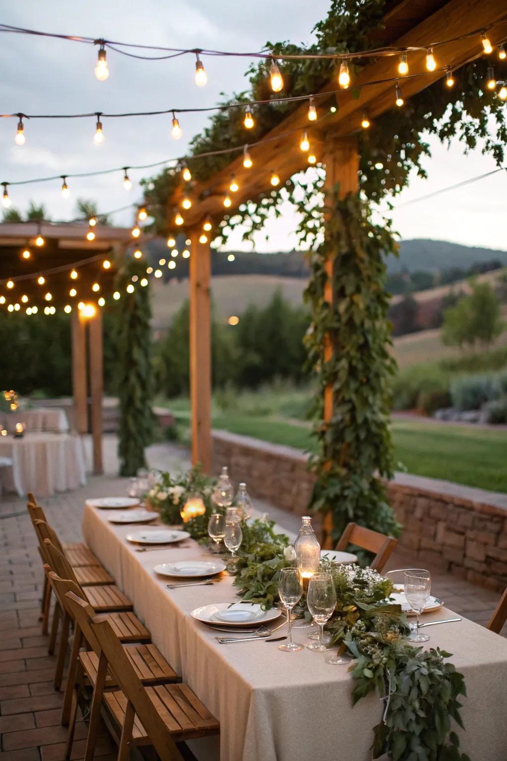 Captivating rope lights projecting a comforting glow over a countryside main table.