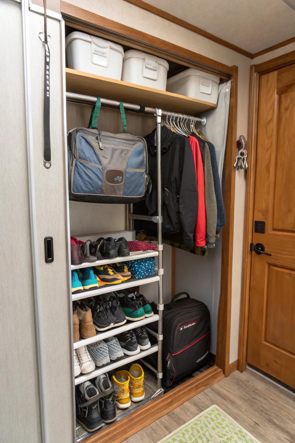Shoes stay neatly organized thanks to a tension rod shoe organizer.