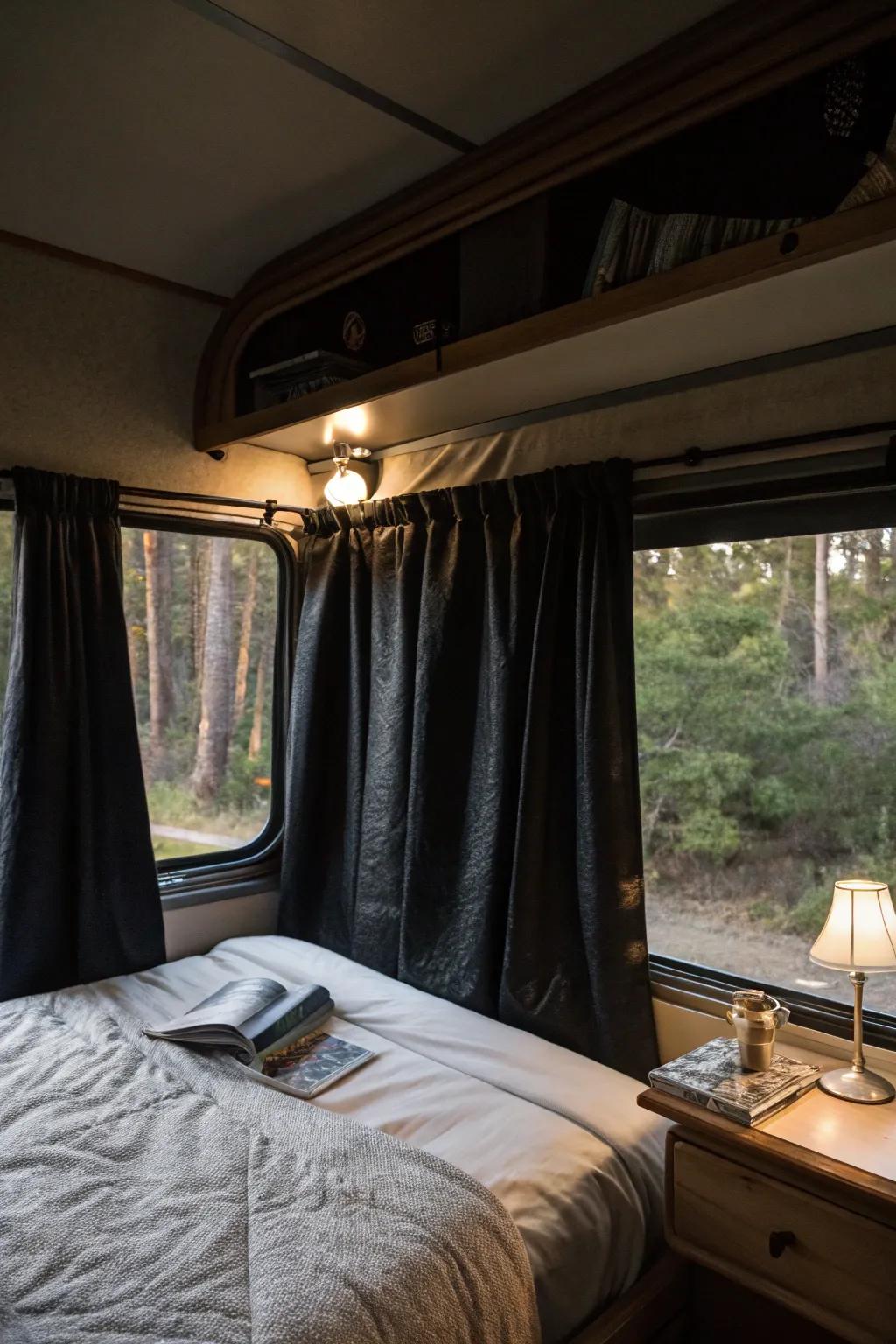 Achieve perfect darkness with light-blocking drapes for restful sleep.