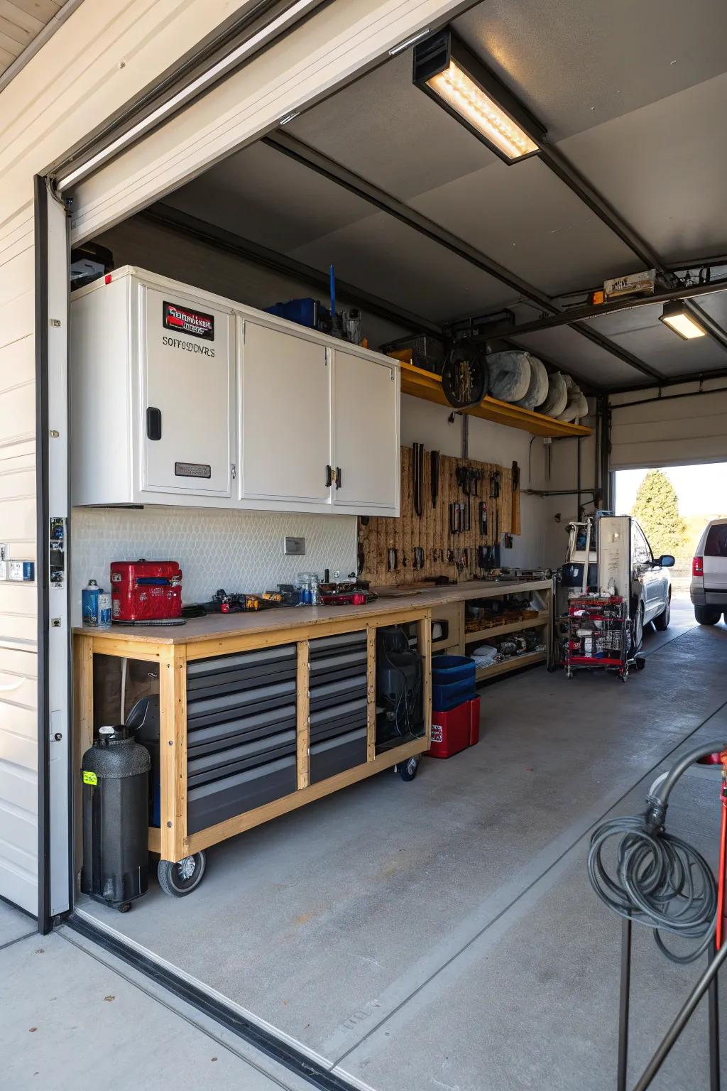 A built-in workshop offers a perfect balance of creativity and function within an RV garage.