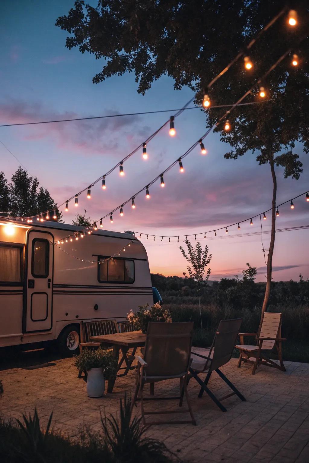 Fairy lights fashion a captivating evening ambiance.
