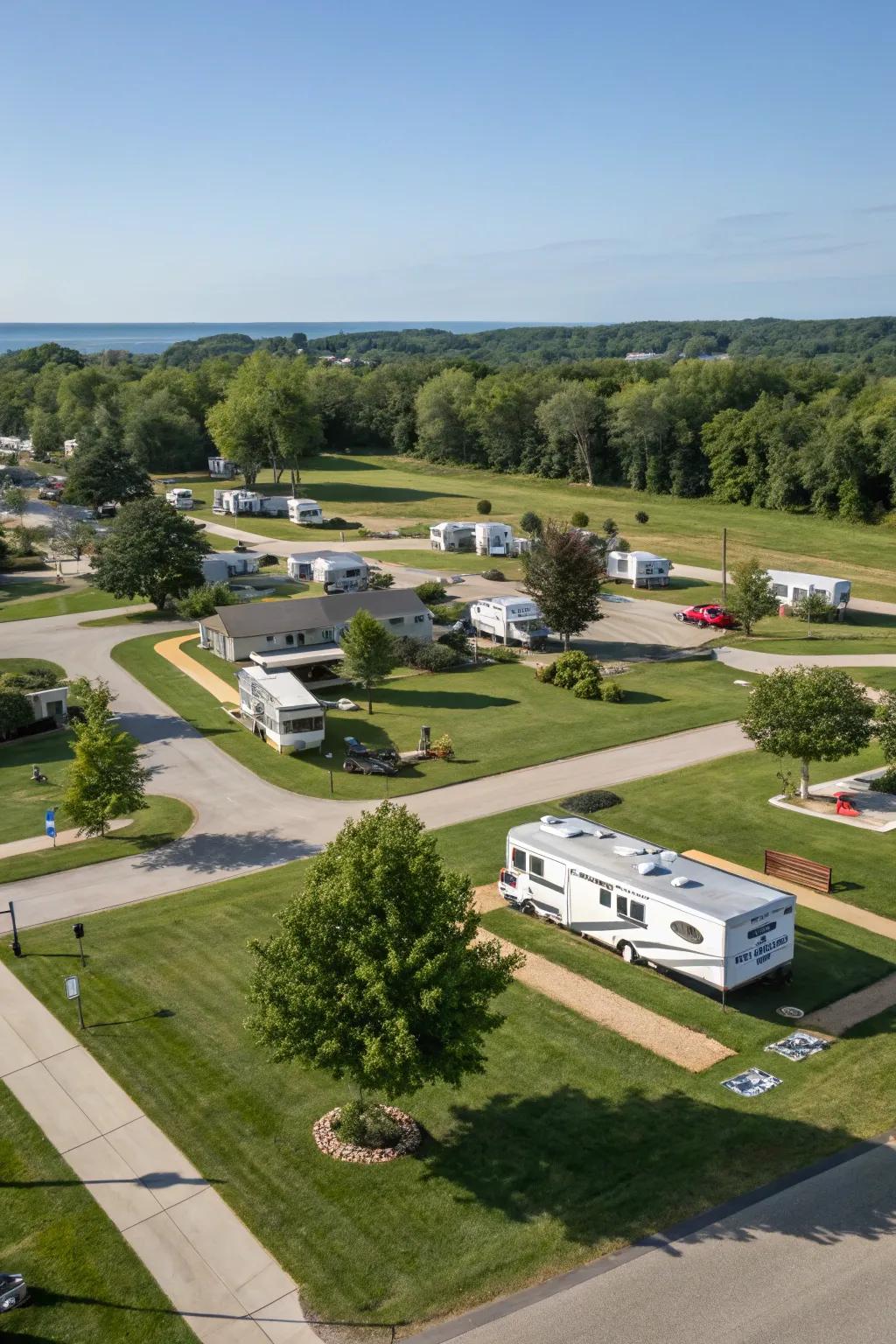 A modern RV park plan with diverse site choices.