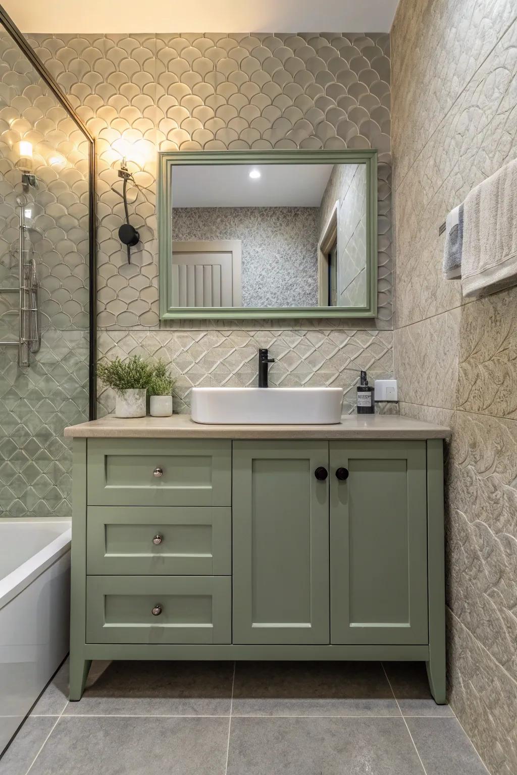 A bathroom presenting a sage green vanity with textured tiling and soft materials.