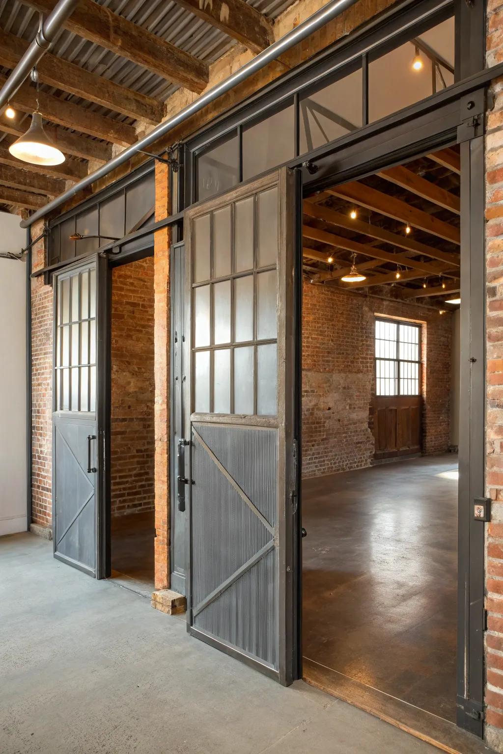 Elevating industrial style with metal-framed saloon doors.