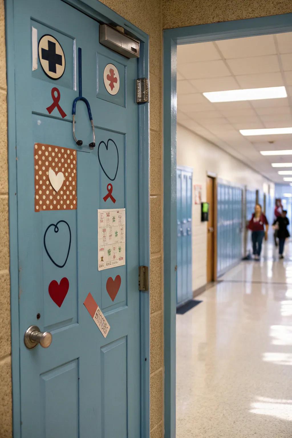 School nurse door shows medical symbols for a focus on health.