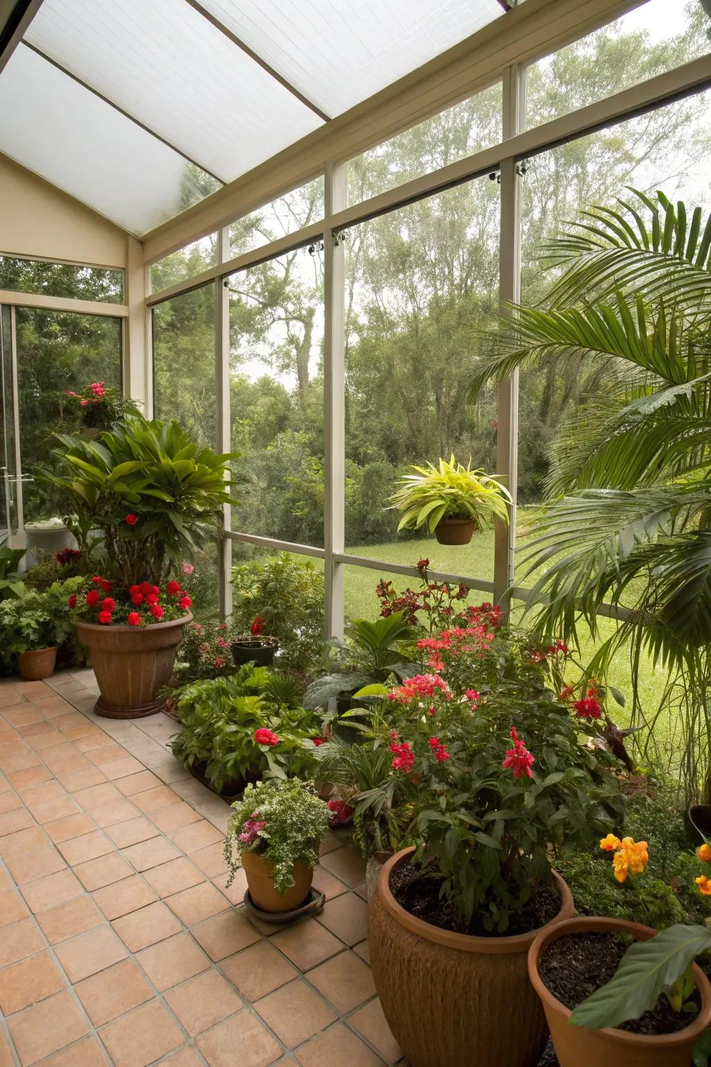 Lush greenery adding life to a screened lanai.