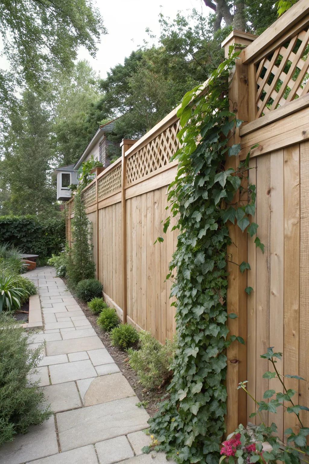 An attractive woven top contributes elegance and practicality to a partially-private fence.