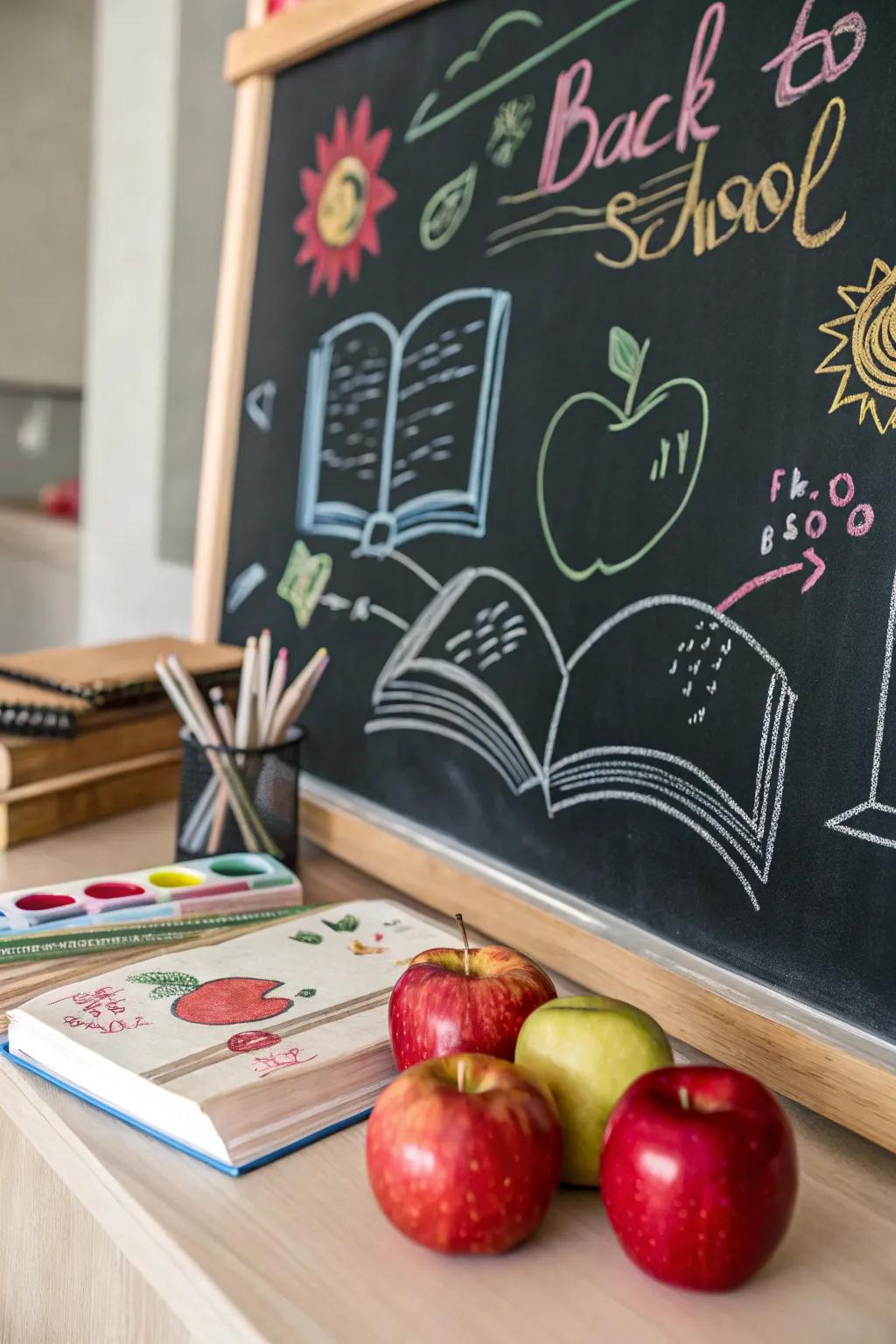 A playful back-to-school themed chalkboard with books and apples.