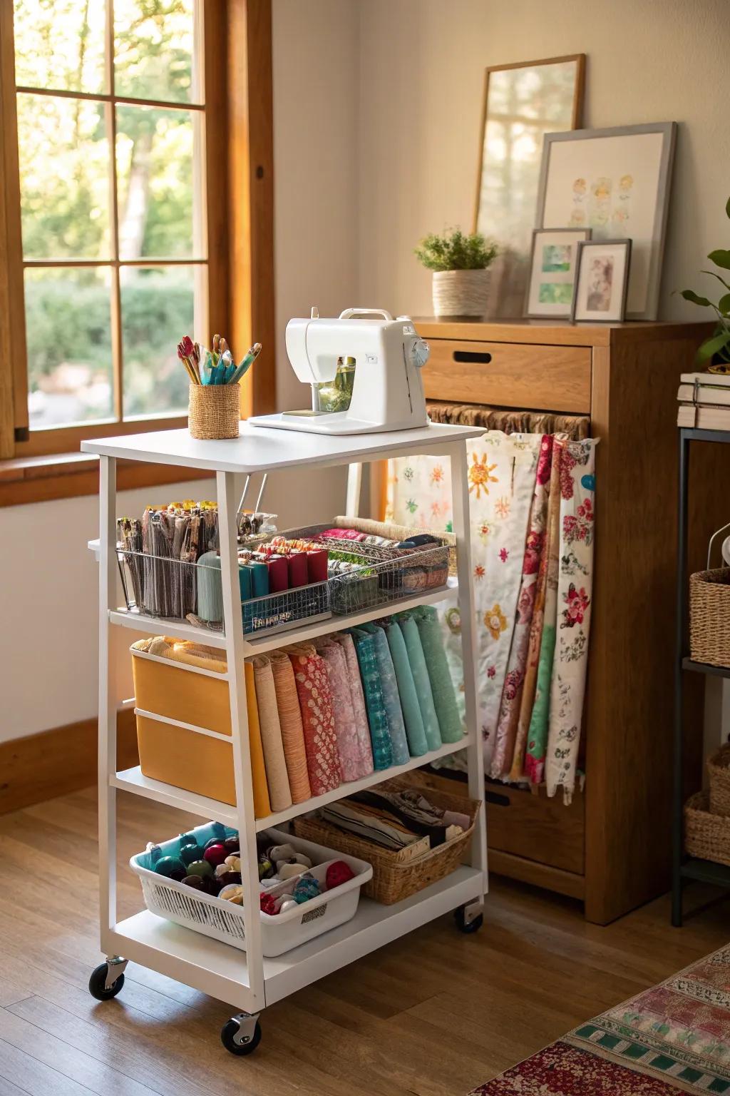 A rolling cart provides flexible and mobile storage solutions.