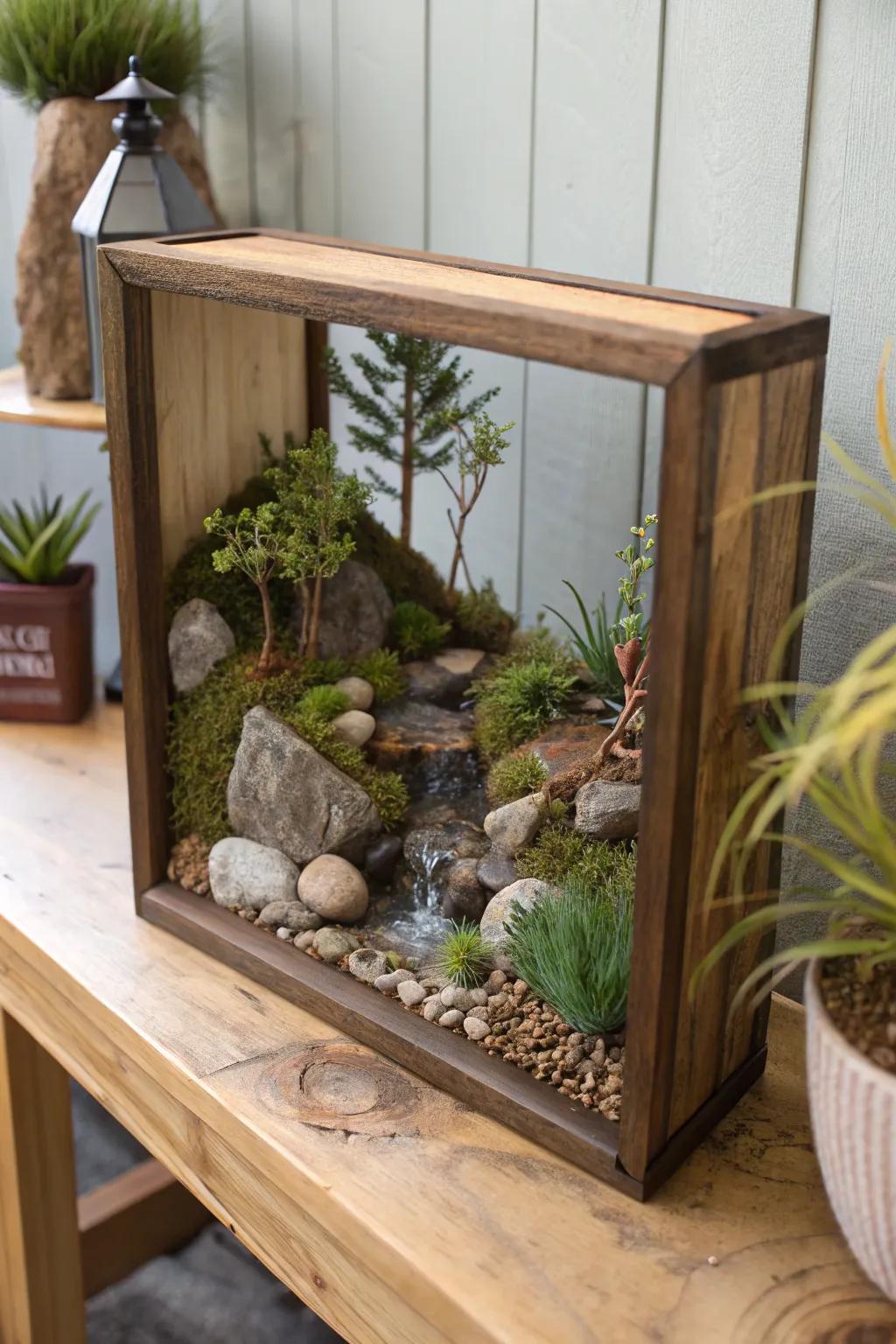 A nature scene diorama bringing a piece of nature indoors.