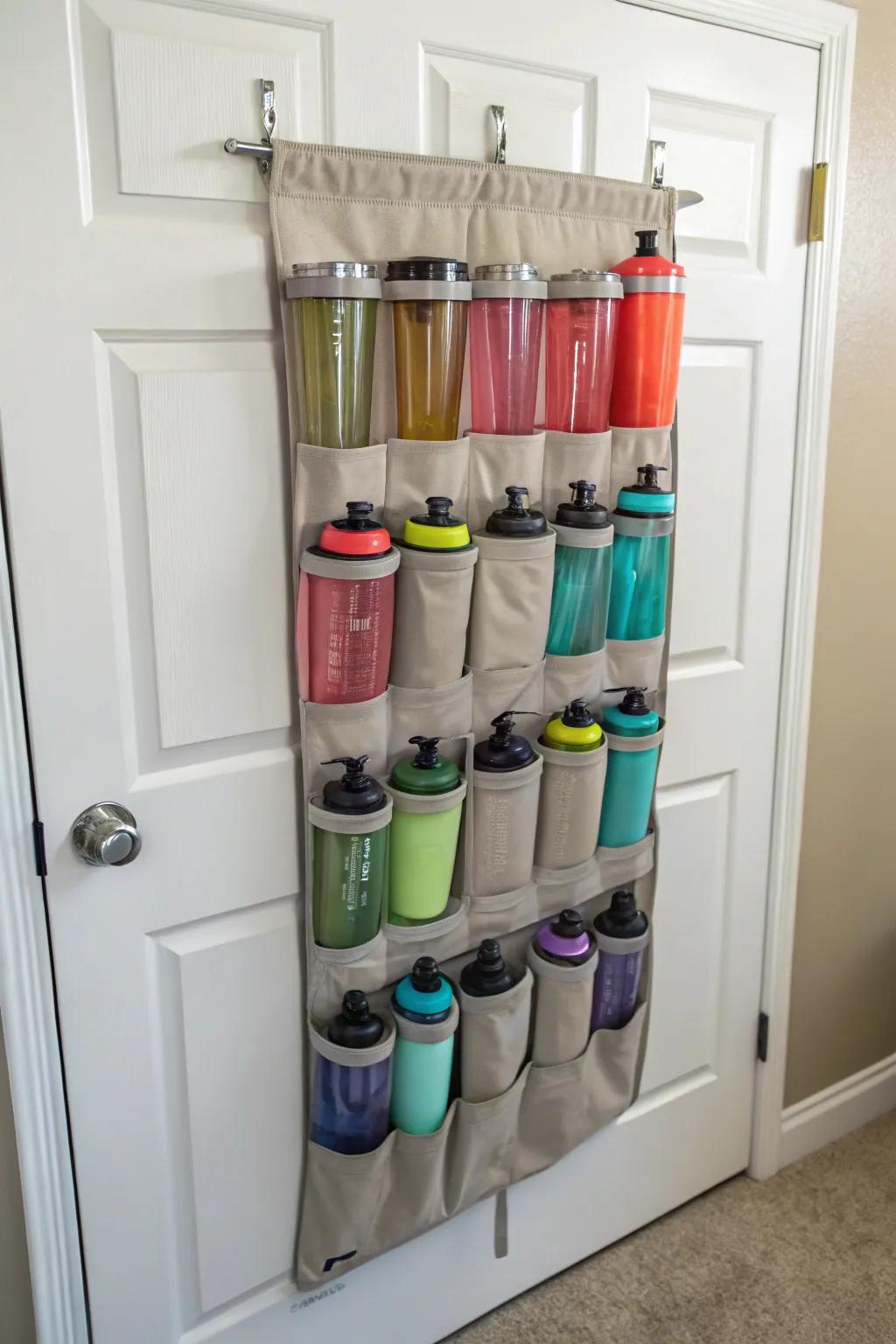 A hanging shoe rack creatively repurposed for blending bottle storage.