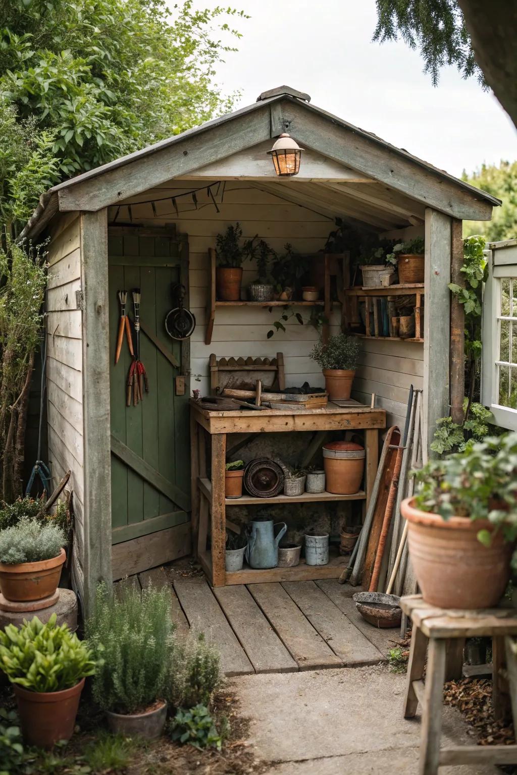 Redesign your she shed as a gardener's idyllic space with rustic furnishings and vibrant greenery.