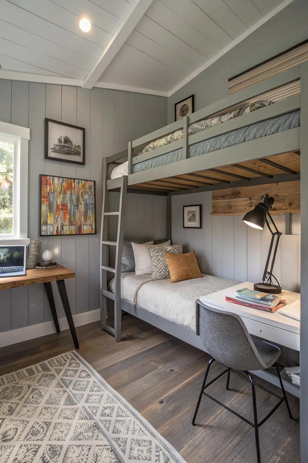 A loft bed maximizes space and adds a playful element to the shed.