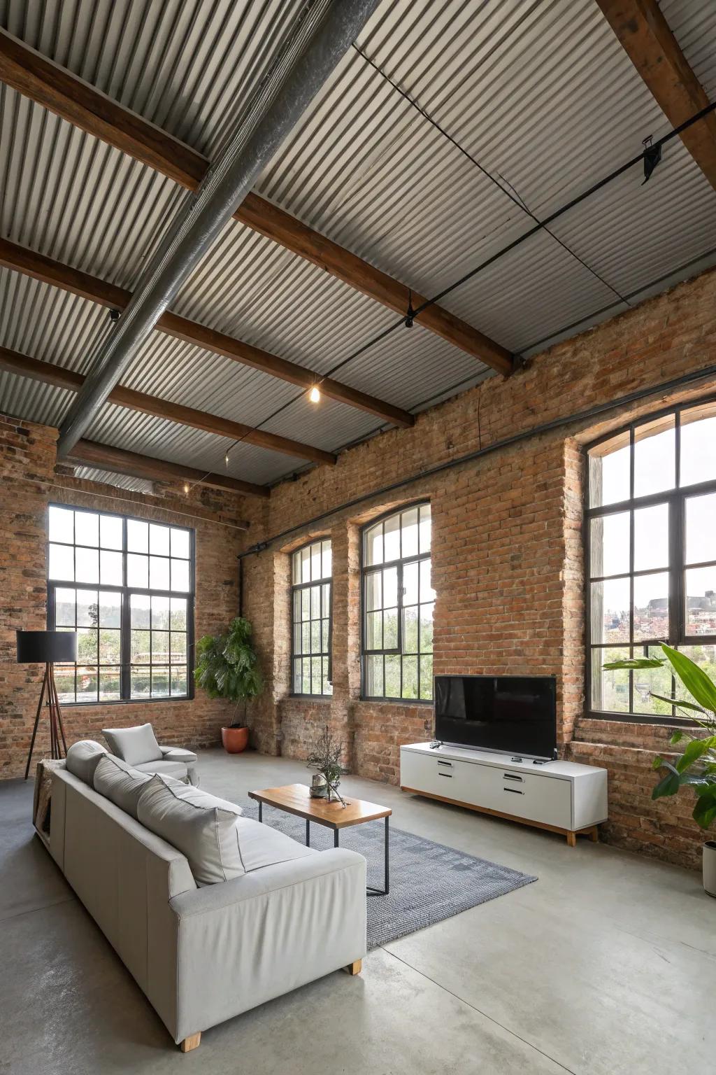 An urban loft featuring a striking corrugated metal shed ceiling.