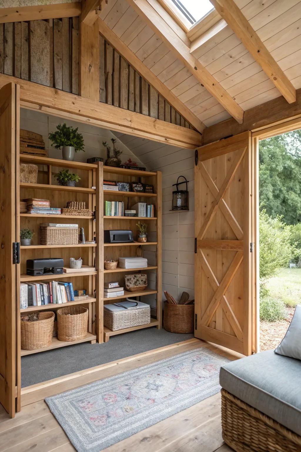 Open shelving neatly splits spaces while keeping them linked.