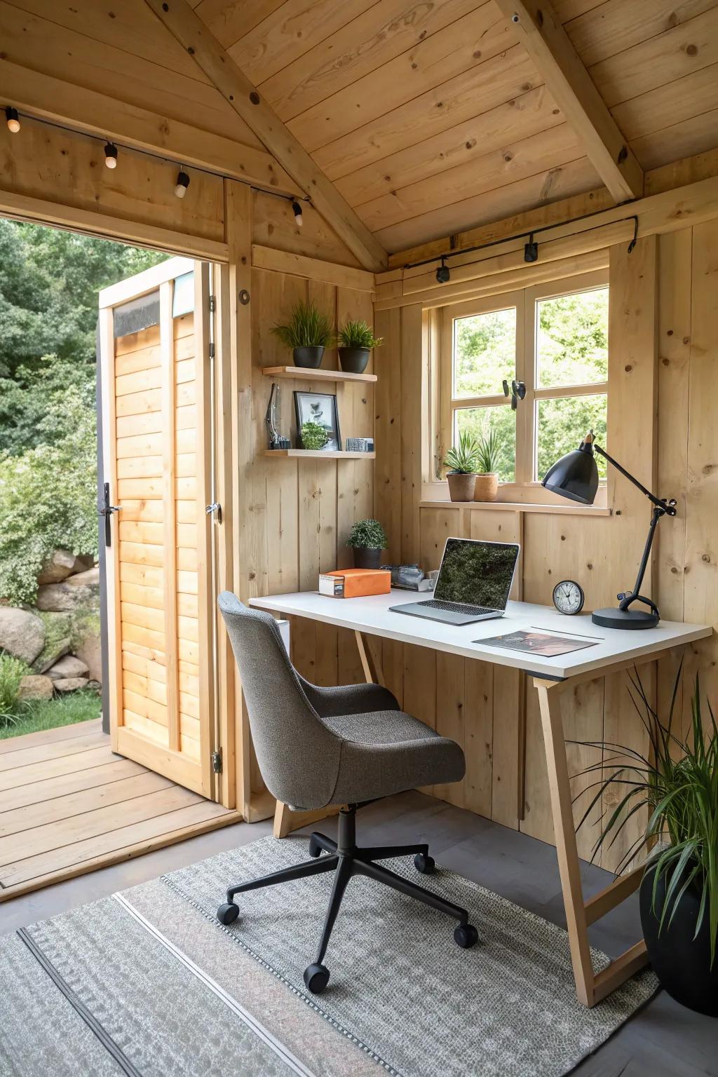 A calm and productive home office space created within a shed.