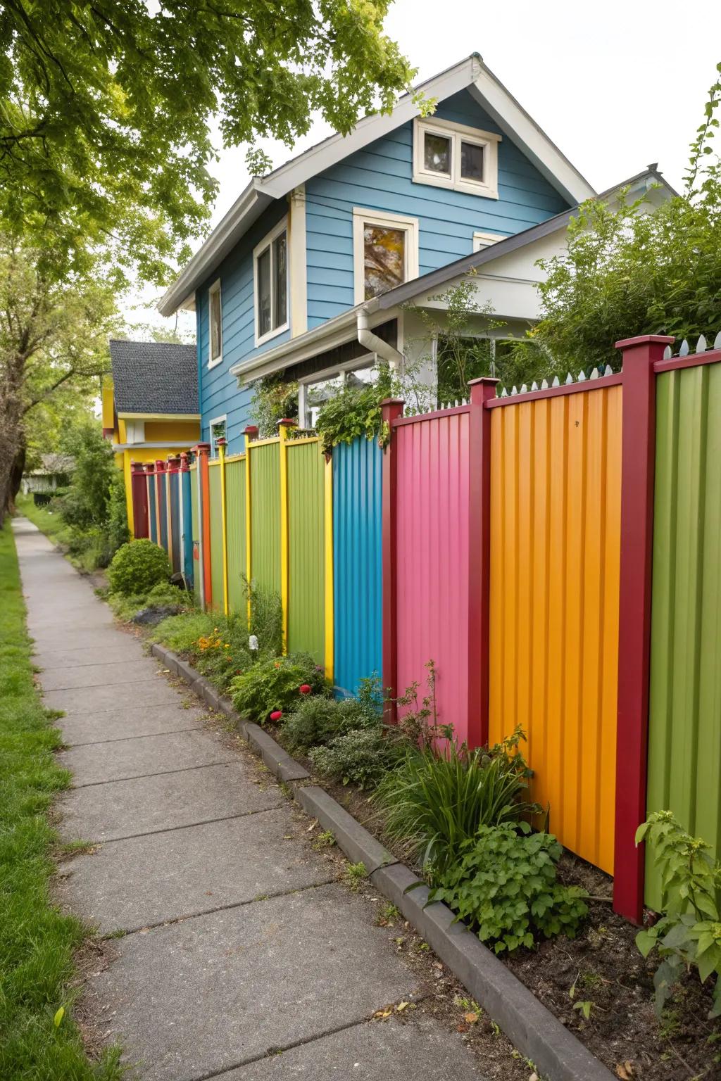 A colorful metal laminate fence adds a lively touch to the scenery.