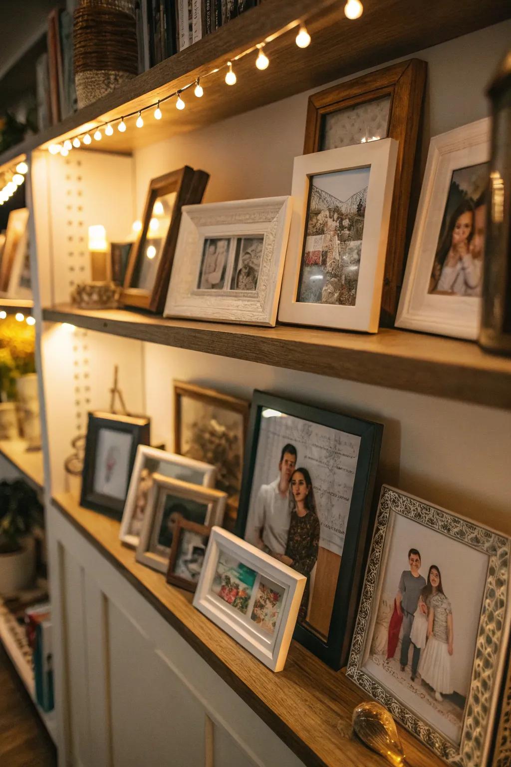 A shelf displaying framed family photos and art, adding a personal touch.