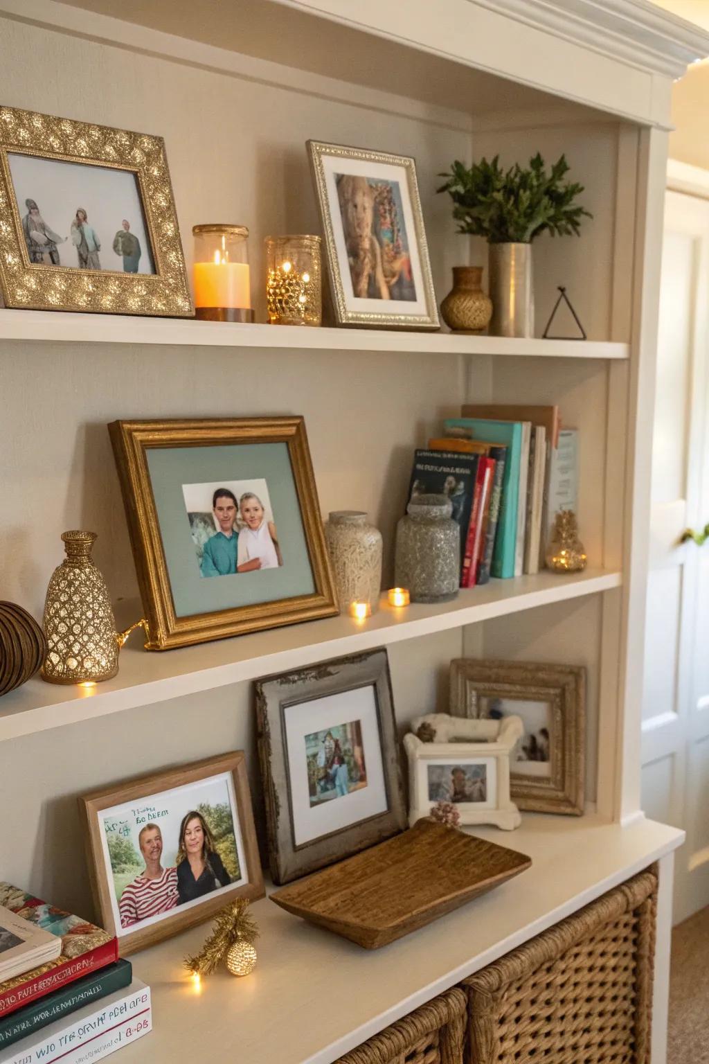 Encased familial portraits inject a personalized dimension into your shelf arrangement.