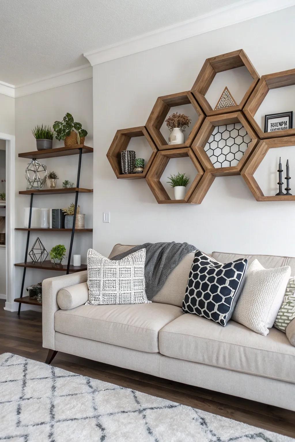 Geometric shelves make a strong and modern statement.