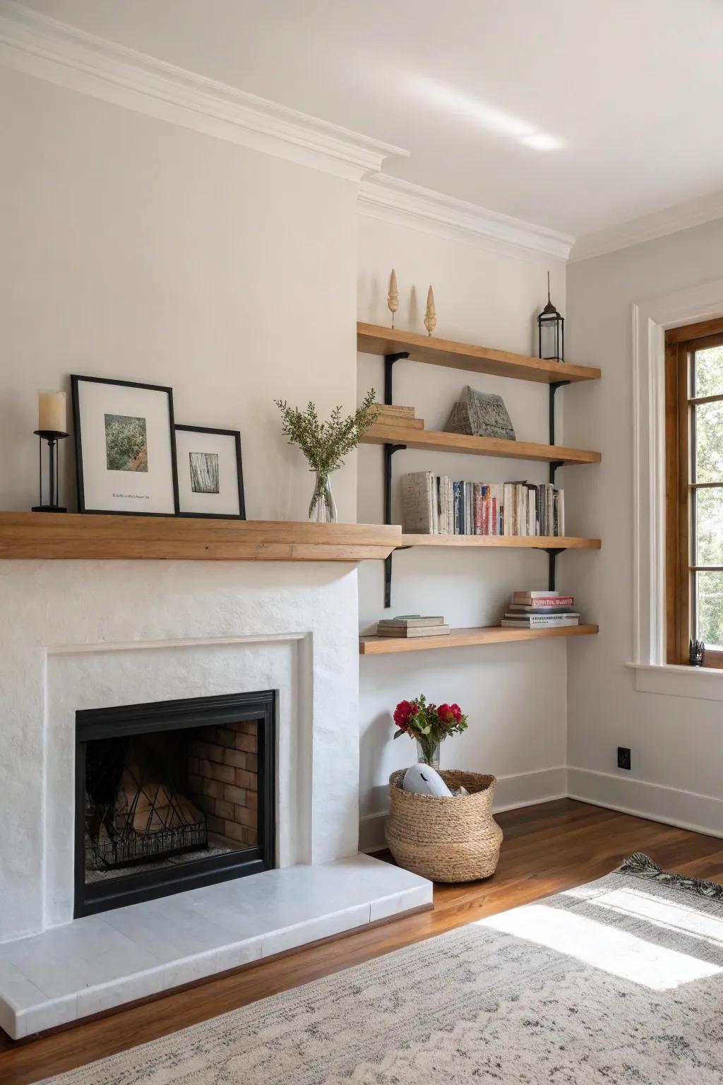 Hanging shelves emphasize a contemporary minimalist atmosphere.