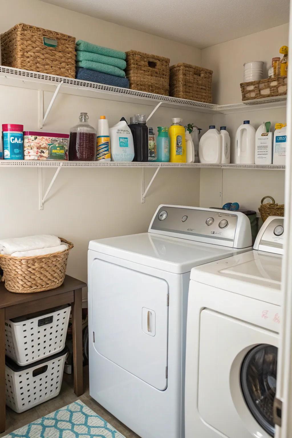 Shelves strategically placed above washer and dryer units for convenient storage of laundry essentials.
