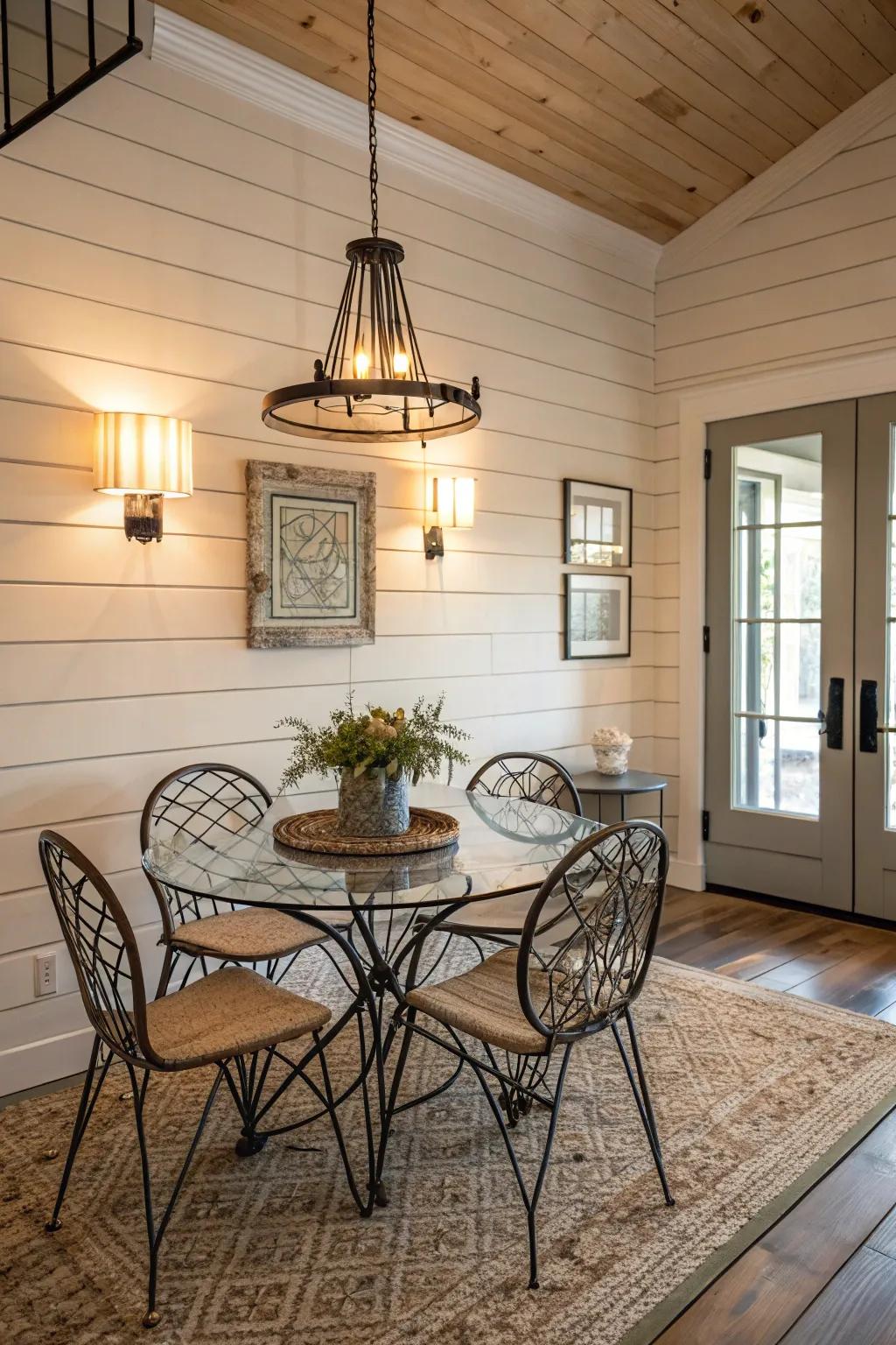 A dining room seamlessly combining modern components with rustic shiplap walls.
