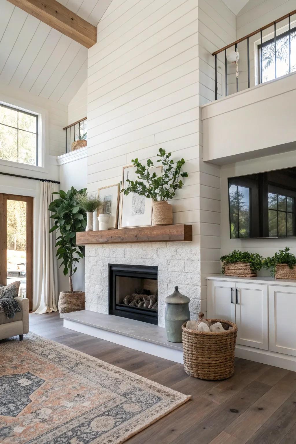 Vertical shiplap fireplace creating a dramatic and expansive impression.